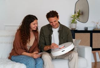 A man and woman sit on a couch, with a white box placed on the coffee table in front of them