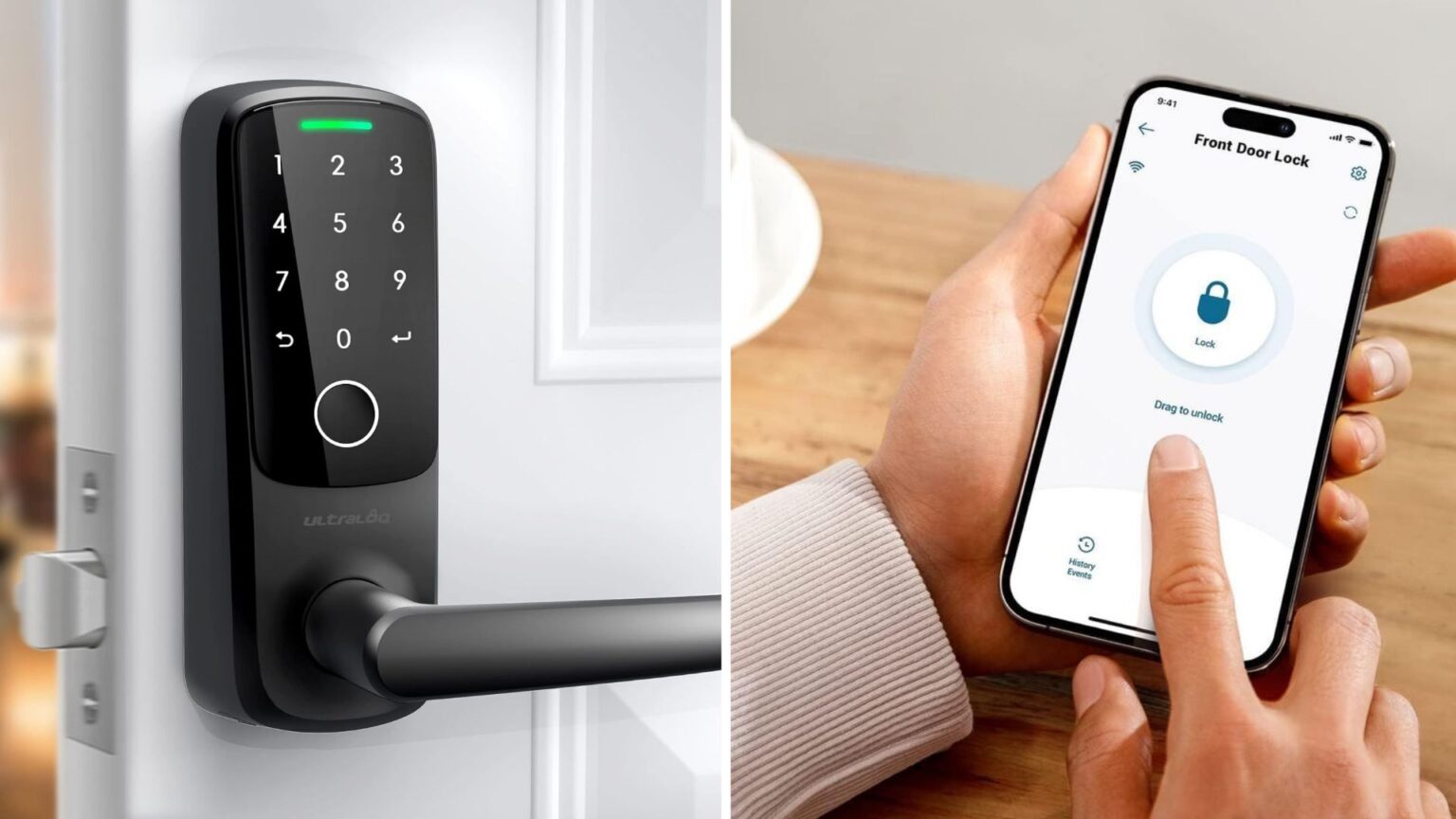 Two images show a person using a smartphone alongside a smart lock, highlighting the integration of technology in daily life