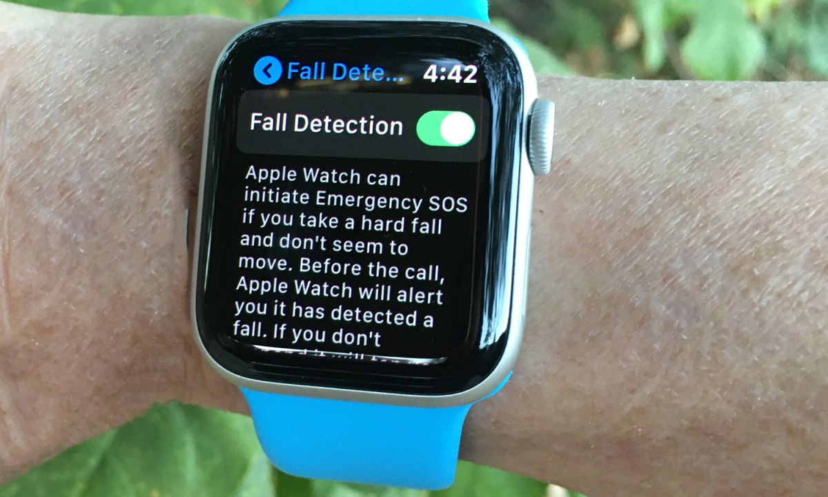 Apple Watch displaying fall detection feature, highlighting its ability to alert emergency services after a fall