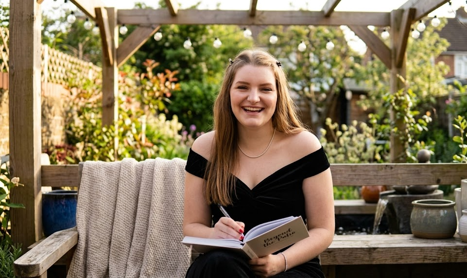 Woman in black dress smiling, writing in notebook on garden bench under pergola with plants surrounding her